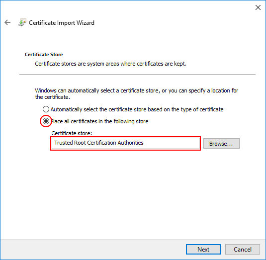 Screenshot of the Select Certificate Store page of the Certificate Import Wizard